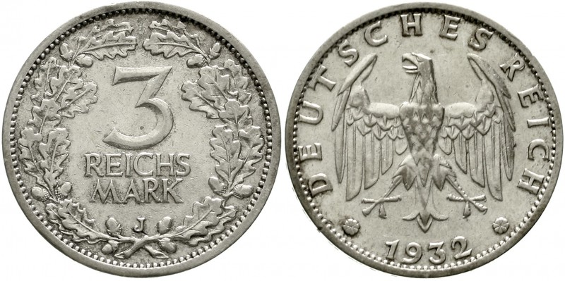 Weimarer Republik Kursmünzen 3 Reichsmark, Silber 1931-1933
1932 J. sehr schön,...