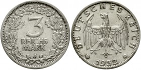 Weimarer Republik Kursmünzen 3 Reichsmark, Silber 1931-1933
1932 J. sehr schön, kl. Randfehler