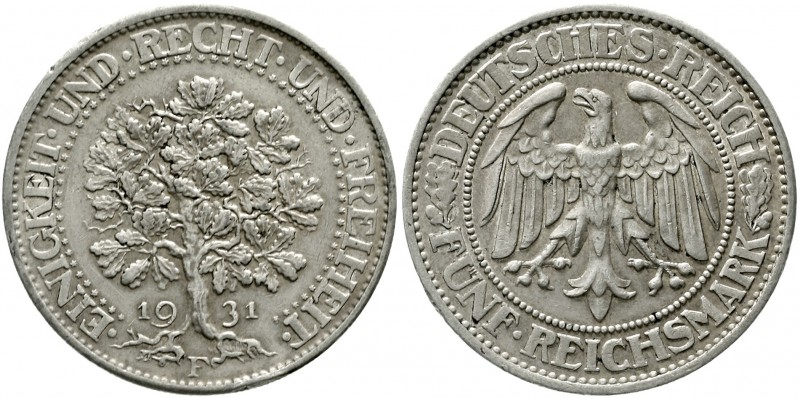 Weimarer Republik Kursmünzen 5 Reichsmark Eichbaum Silber 1927-1933
1931 F. seh...