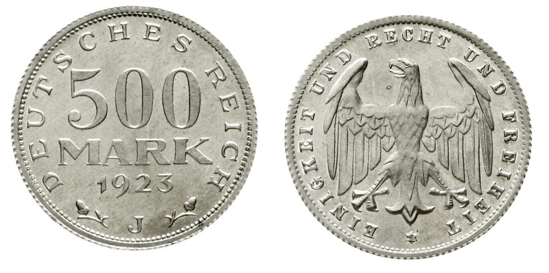 Weimarer Republik Kursmünzen 500 Mark, Aluminium 1923
1923 J. fast Stempelglanz...