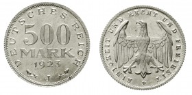 Weimarer Republik Kursmünzen 500 Mark, Aluminium 1923
1923 J. fast Stempelglanz, leichte Lichtenrader Prägung