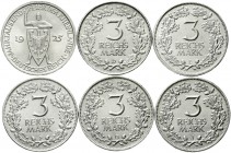 Weimarer Republik Gedenkmünzen 3 Reichsmark Rheinlande
6 Stück, komplette Serie 1925 A, D, E, F, G, J. vorzüglich und besser