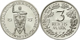 Weimarer Republik Gedenkmünzen 3 Reichsmark Rheinlande
1925 F. Polierte Platte, min. berieben und winz. Kratzer, selten