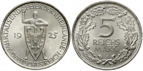 Weimarer Republik Gedenkmünzen 5 Reichsmark Rheinlande
1925 A. fast Stempelglanz, Prachtexemplar