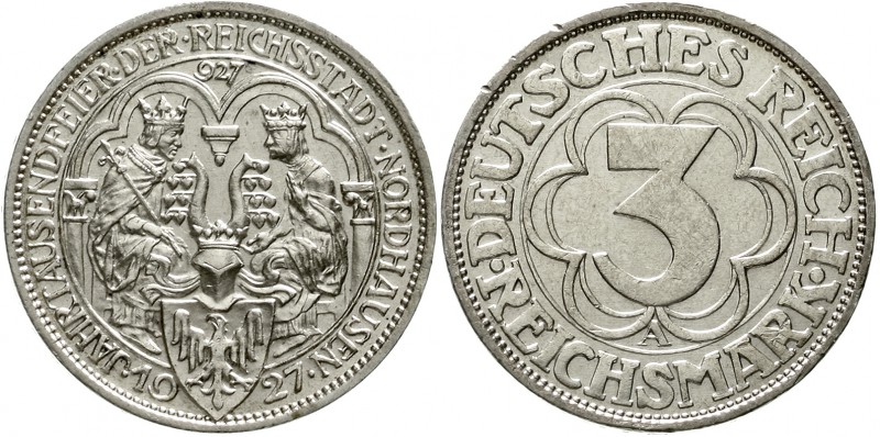 Weimarer Republik Gedenkmünzen 3 Reichsmark Nordhausen
1927 A. vorzüglich