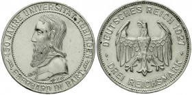 Weimarer Republik Gedenkmünzen 3 Reichsmark Tübingen
1927 F. vorzüglich, etwas berieben und winz. Fleck