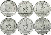 Weimarer Republik Gedenkmünzen 3 Reichsmark Schwurhand
6 Stück, komplette Serie 1929 A, D, E, F, G, J. vorzüglich und besser
