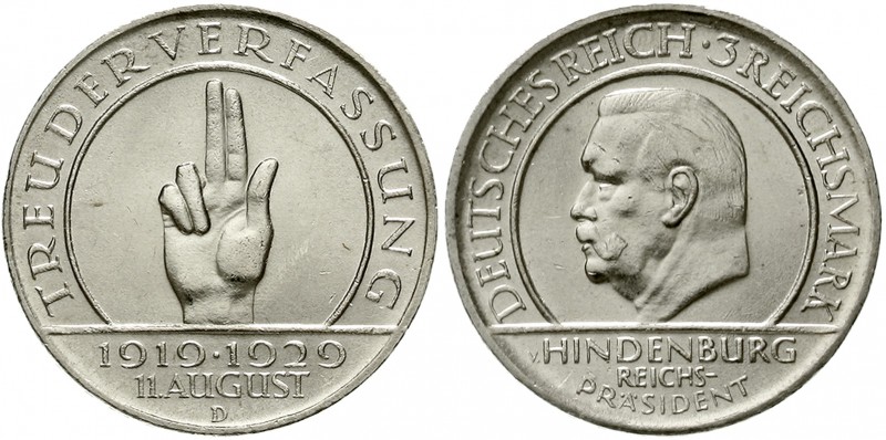 Weimarer Republik Gedenkmünzen 3 Reichsmark Schwurhand
1929 D. fast Stempelglan...