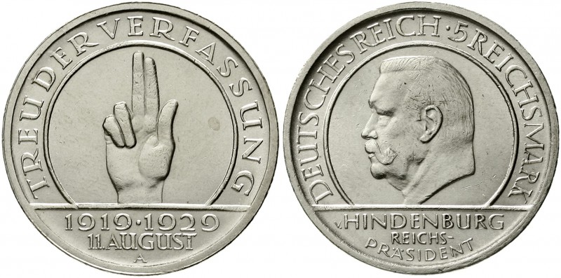 Weimarer Republik Gedenkmünzen 5 Reichsmark Schwurhand
1929 A. vorzüglich/Stemp...