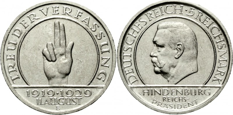 Weimarer Republik Gedenkmünzen 5 Reichsmark Schwurhand
1929 E. vorzüglich, kl. ...