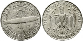 Weimarer Republik Gedenkmünzen 3 Reichsmark Zeppelin
1930 D. vorzüglich/Stempelglanz