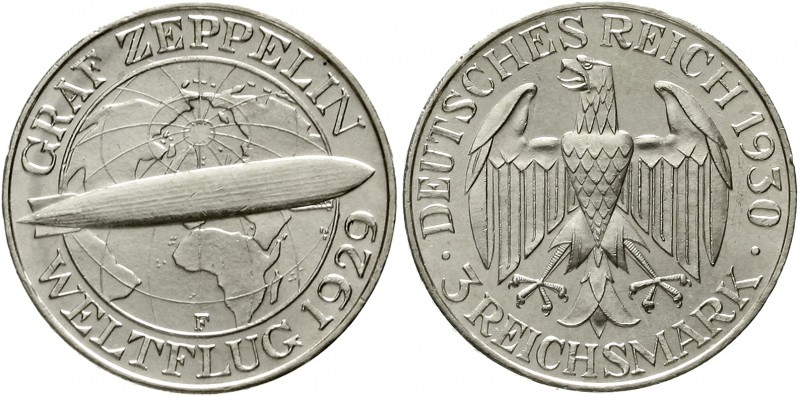 Weimarer Republik Gedenkmünzen 3 Reichsmark Zeppelin
1930 F. vorzüglich/Stempel...