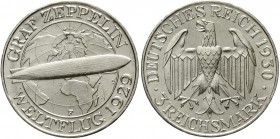 Weimarer Republik Gedenkmünzen 3 Reichsmark Zeppelin
1930 F. vorzüglich/Stempelglanz, min. Randfehler