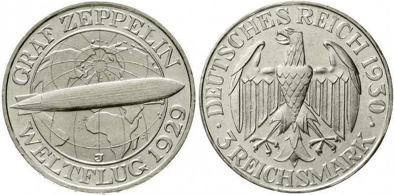 Weimarer Republik Gedenkmünzen 3 Reichsmark Zeppelin
1930 J. vorzüglich/Stempel...