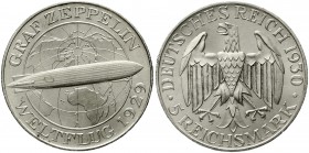 Weimarer Republik Gedenkmünzen 5 Reichsmark Zeppelin
1930 A. fast Stempelglanz, Prachtexemplar