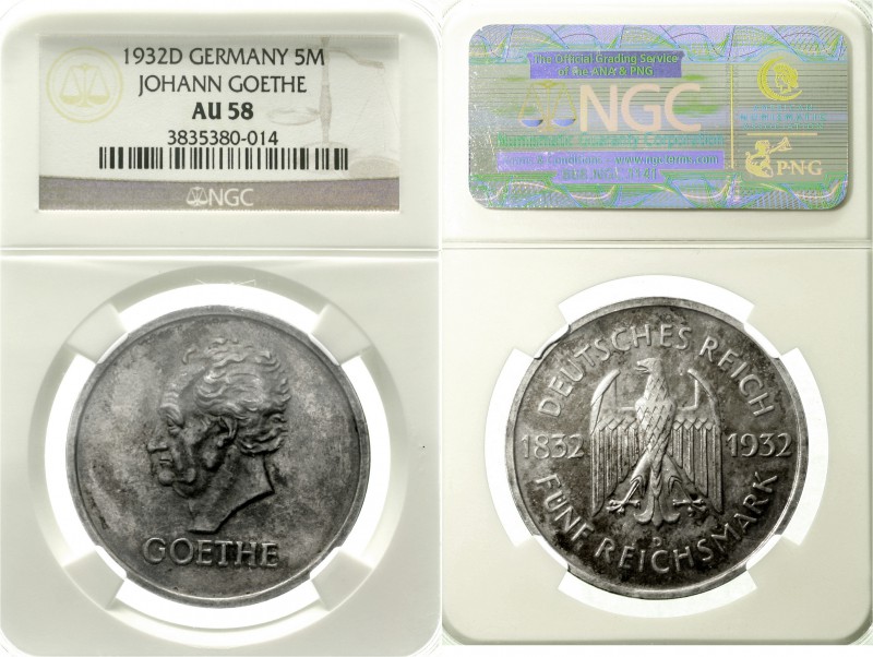 Weimarer Republik Gedenkmünzen 5 Reichsmark Goethe
1932 D. Im NGC-Blister mit G...