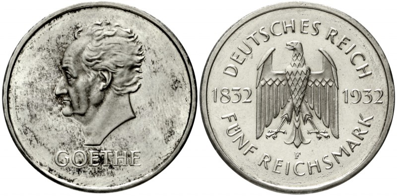 Weimarer Republik Gedenkmünzen 5 Reichsmark Goethe
1932 F. vorzüglich/Stempelgl...