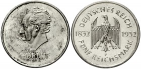 Weimarer Republik Gedenkmünzen 5 Reichsmark Goethe
1932 F. vorzüglich/Stempelglanz aus Polierte Platte, etwas berieben