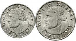 Drittes Reich Gedenkmünzen 5 Reichsmark Luther, 1933-1934
2 Stück: 2 und 5 Reichsmark 1933 F beide fast Stempelglanz, Prachtexemplare