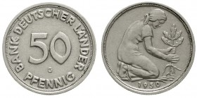 Münzen der Bundesrepublik Deutschland Kursmünzen 50 Pfennig, Kupfer/Nickel 1949-2001
50 Pfennig 1950 G. Bank Deutscher Länder
sehr schön