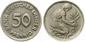 Münzen der Bundesrepublik Deutschland Kursmünzen 50 Pfennig, Kupfer/Nickel 1949-2001
50 Pfennig 1950 G. Bank Deutscher Länder.
sehr schön