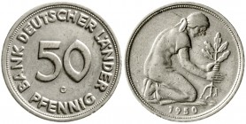 Münzen der Bundesrepublik Deutschland Kursmünzen 50 Pfennig, Kupfer/Nickel 1949-2001
50 Pfennig 1950 G. Bank Deutscher Länder.
sehr schön, winz. Ran...
