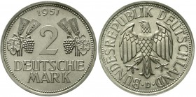 Münzen der Bundesrepublik Deutschland Kursmünzen 2 Deutsche Mark Ähren, Kupfer/Nickel 1951
1951 D. Stempelglanz, Prachtexemplar