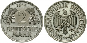 Münzen der Bundesrepublik Deutschland Kursmünzen 2 Deutsche Mark Ähren, Kupfer/Nickel 1951
1951 D. Auflage nur 200 Ex.
Polierte Platte, sehr selten...