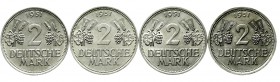 Münzen der Bundesrepublik Deutschland Kursmünzen 2 Deutsche Mark Ähren, Kupfer/Nickel 1951
Komplettsatz 1951 D,F,G,J. alle vorzüglich/Stempelglanz bi...