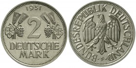 Münzen der Bundesrepublik Deutschland Kursmünzen 2 Deutsche Mark Ähren, Kupfer/Nickel 1951
1951 F. fast Stempelglanz, leicht zaponiert