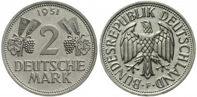 Münzen der Bundesrepublik Deutschland Kursmünzen 2 Deutsche Mark Ähren, Kupfer/Nickel 1951
1951 F. Auflage nur 150 Ex.
Polierte Platte, sehr selten...