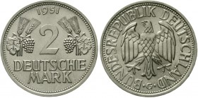 Münzen der Bundesrepublik Deutschland Kursmünzen 2 Deutsche Mark Ähren, Kupfer/Nickel 1951
1951 G. Stempelglanz, Prachtexemplar