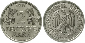 Münzen der Bundesrepublik Deutschland Kursmünzen 2 Deutsche Mark Ähren, Kupfer/Nickel 1951
1951 J. fast Stempelglanz