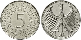 Münzen der Bundesrepublik Deutschland Kursmünzen 5 Deutsche Mark Silber 1951-1974
1958 J. vorzüglich/Stempelglanz, winz. Randfehler