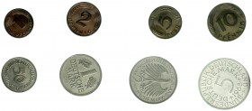 Münzen der Bundesrepublik Deutschland Kursmünzensätze 1 Pfennig - 5 Deutsche Mark, 1964-2001
1968 F. O.B.H. Folie etwas angeschmutzt
Polierte Platte...