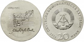 Gedenkmünzen der DDR
20 Mark 1975. Bachprobe mit vertieftem Notenzitat.
fast Stempelglanz