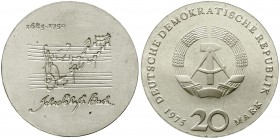 Gedenkmünzen der DDR
20 Mark 1975. Bachprobe mit vertieftem Notenzitat.
fast Stempelglanz
