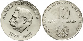 Gedenkmünzen der DDR
10 Mark 1975 A. Schweitzer-Materialprobe mit Rs. von Cu/Ni/Zn-Typ Warschauer Vertrag in AG 0,500.
Stempelglanz
