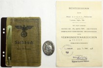 Orden und Ehrenzeichen Deutschland Drittes Reich, 1933-1945
Verwundetenabzeichen in silber. Hersteller 127, mit Soldbuch und Besitzzeugnis des Empfän...