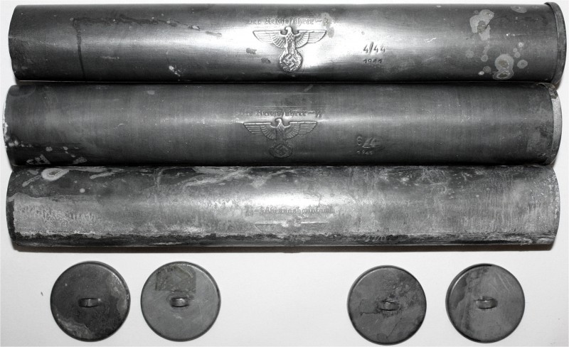 Militaria Sonstige militär. Gegenstände
3 Zink-Kartuschen, davon 2 gestempelt "...