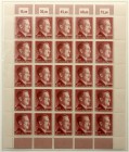 Briefmarken Deutschland Deutsches Reich, 1872-1945
Kompletter Bogen der 3 RM Hitler in enger Zähnung (14) mit allen Rändern 1944. Michel 750,- für Ei...