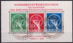 Briefmarken Deutschland Berlin 1948-1990
Währungsgeschädigten-Block 1949. Mit Ersttagsstempel und beiden Abarten bei der 10 und 30 Pf.-Marke. Bestens...