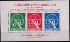 Briefmarken Deutschland Berlin 1948-1990
Währungsgeschädigten-Block 1949. Pracht, gepr. Schlegel. Michel 950,- Euro.
**