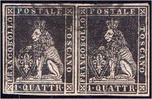 Briefmarken Ausland Italien
Toskana: 1 Quatrino Löwe, schwarz 1857 im waag. Paar. Laut Fotoattest Dr. Ulrich Ferchenbauer echt, rundum gut gerandet. ...