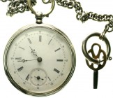 Varia Uhren Taschenuhren
Schlüsseltaschenuhr um 1860 mit Uhrenkette und Schlüssel. 45 mm. Zylinderhemmung 4 Steine. Kette Länge 25 cm.
technisch und...