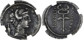 RÉPUBLIQUE ROMAINE - ROMAN REPUBLIC
M. Plaetorius M.f. Cestianus. Denier ND (69 av. J.-C.), Rome.
RRC.405/3b ; Argent - 3,77 g - 18 mm - 6 h
GENI XF E...