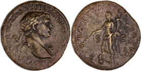 EMPIRE ROMAIN - ROMAN
Trajan (98-117). Sesterce 103-111, Rome.
C.406 - RIC.503 ; Bronze - 25,18 g - 33,5 mm - 6 h
Pour le meilleur des Princes (Optimo...