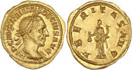 EMPIRE ROMAIN - ROMAN
Trajan Dèce (249-251). Aureus ND (249-251), Rome.
RIC.IV, 3e partie, 28 - Calicó 3299 ; Or - 4,14 g - 20,5 mm - 11 h
Provient d’...