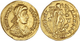 EMPIRE ROMAIN - ROMAN
Honorius (393-423). Solidus 402-406, Ravenne.
RIC.1287 ; Or - 4,39 g - 20,5 mm - 6 h
Graffitis dans les champs. TTB à Superbe.