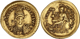 EMPIRE ROMAIN - ROMAN
Théodose II (402-450). Solidus 430-440, Constantinople, 10e officine.
RIC.X.257 ; Or - 4,44 g - 20,5 mm - 6 h
Quelques fines ray...